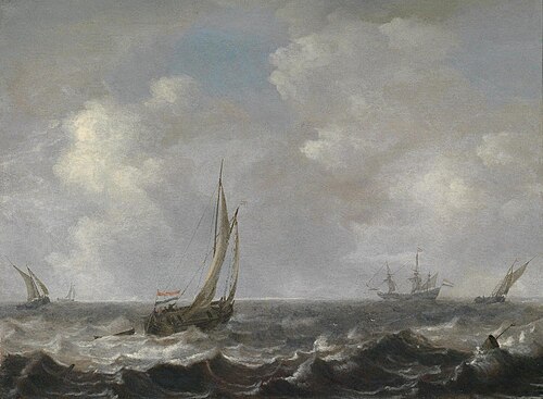 Boats on a choppy sea, in the background a frigate, , Arnoldus van Anthonissen