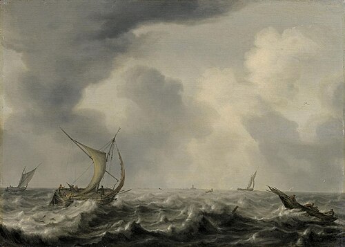 Stormy sea with several sailing vessels, a town in the distance, , Arnoldus van Anthonissen