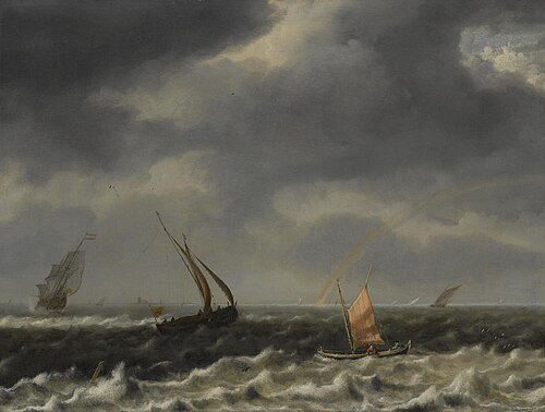 A seascape with Dutch shipping vessels in choppy seas and a rainbow in the distance, , Arnoldus van Anthonissen
