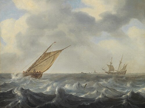 A fishing cutter and a two-master in choppy seas near a coast, , Arnoldus van Anthonissen