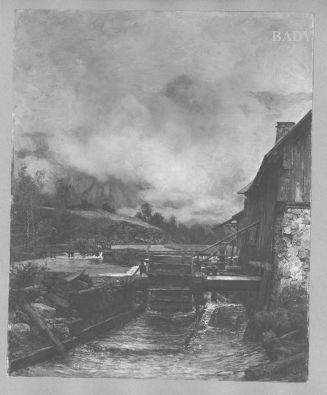 Gebirgslandschaft bei Nebel mit Hammerschmiede, 1884, Carl Moll