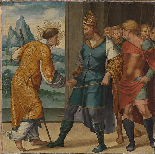 Cyriakus-Folge: Kaiser Diokletian reicht dem hl. Cyriakus die Hand, 1532, Bartholomaeus Bruyn le Vieux
