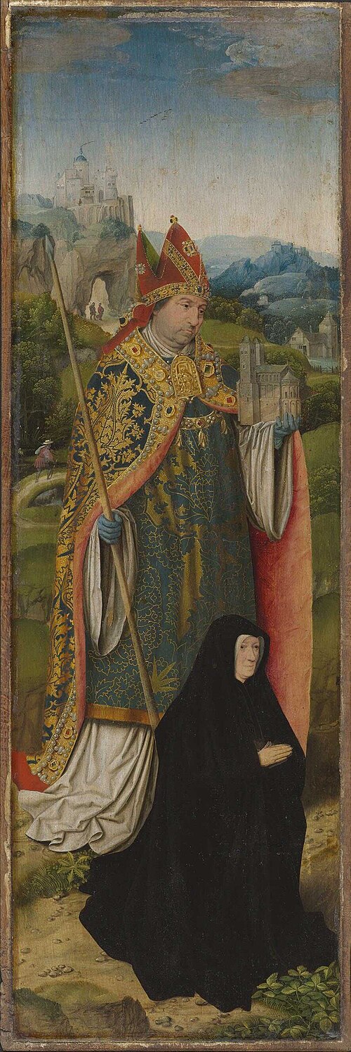 Kreuzigungsaltar: Hl. Bischof (Lambertus von Lüttich?) mit Stifterin, , Bartholomaeus Bruyn le Vieux
