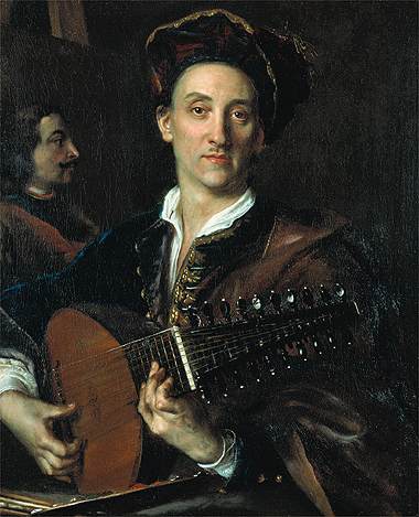 Portrait of the portraitist David Hoyer (1667-1720) playing the lute, sitting before his portrait of, 1711, Jan Kupecký