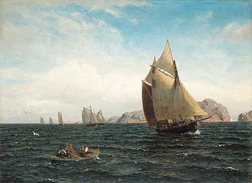 Sailboats on the fjord / Sailing of the Norwegian coast, 1880, Hans Fredrik Gude