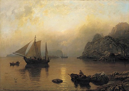 Fishing party at sunrise., 1873, Hans Fredrik Gude
