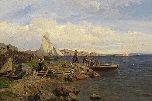 The fishermen arrive onshore, 1878, Hans Fredrik Gude