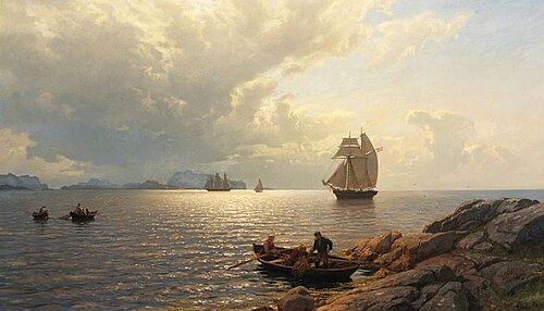 Sailing into the Oslo fjord, 1872, Hans Fredrik Gude