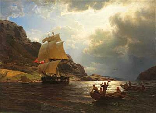 Hjemvendende hvalfangerskip i en norsk havn, 1869, Hans Fredrik Gude