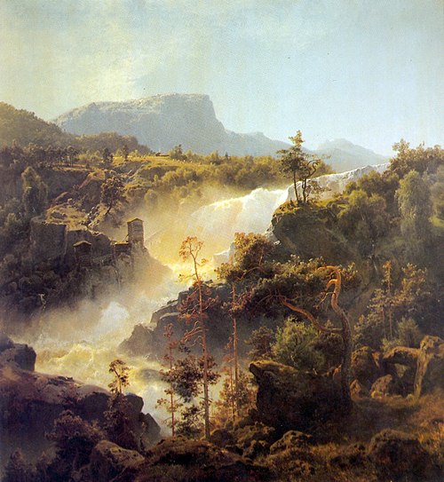 Tessefossen i Vågå i middagsbelysning, 1848, Hans Fredrik Gude