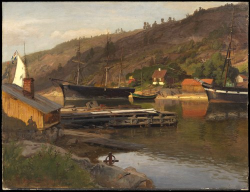 Landingsbrygge Husvik, Drøbak, 1875, Hans Fredrik Gude