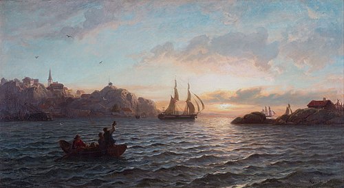Soloppgang på Norges østkyst, frisk kuling, , Hans Fredrik Gude