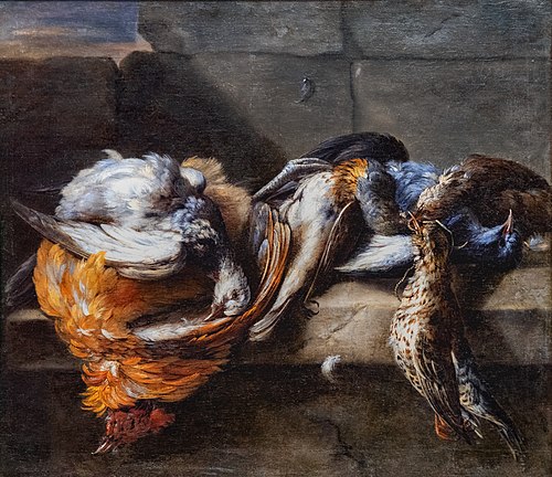 Gibier de plumes sur un rebord de pierre, 1700, Nicasius Bernaerts