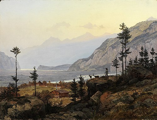 Schweizer Alpenlandschaft mit Fluss und See, 1835, Johann Wilhelm Schirmer