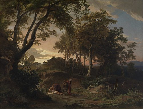 Der Abend, Die Bergung des verletzten Wanderers durch den barmherzigen Samariter, 1857, Johann Wilhelm Schirmer