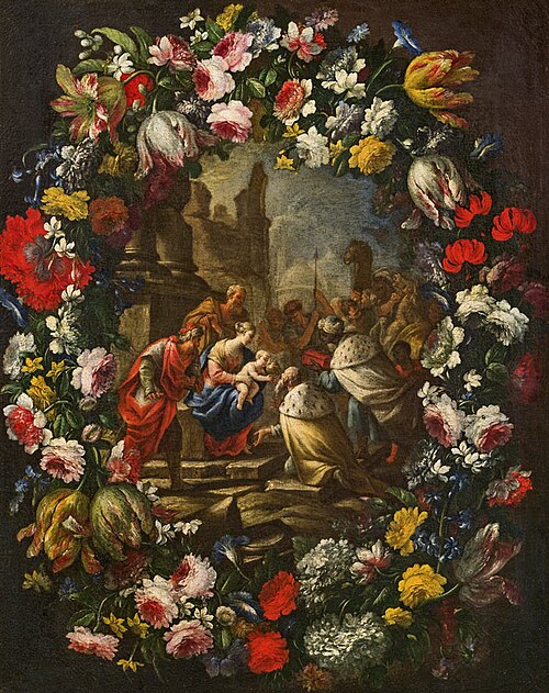 Flower cartouche with the Adoration of the Magi, 1684, Nicola Vaccaro