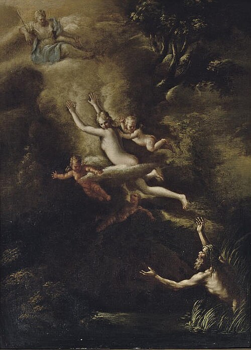 Glaucus fleeing from Skylla, the Goddess Diana looking down from above, 1717, Nicola Vaccaro