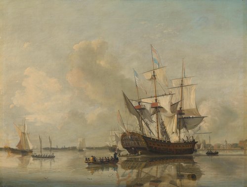 La frégate de marine ''Rotterdam'' sur la Meuse à Rotterdam, 1807, Nicolaas Baur