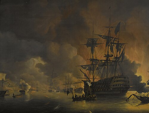 The fire on the Wharves of Algiers, shortly after the commencement of the Bombardment by the Anglo-D, 1818, Nicolaas Baur