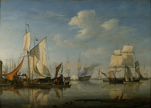Zeegezicht met kalme zee met vele schepen., 1812, Nicolaas Baur