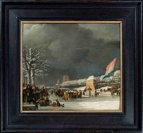 Gezicht op Westersingel te Leeuwarden, in de winter,hardrijderij v. vrouwen, 1809, Nicolaas Baur
