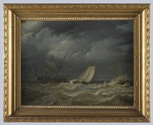 Stormachtige zee met schepen bij een haveningang, 1820, Nicolaas Baur