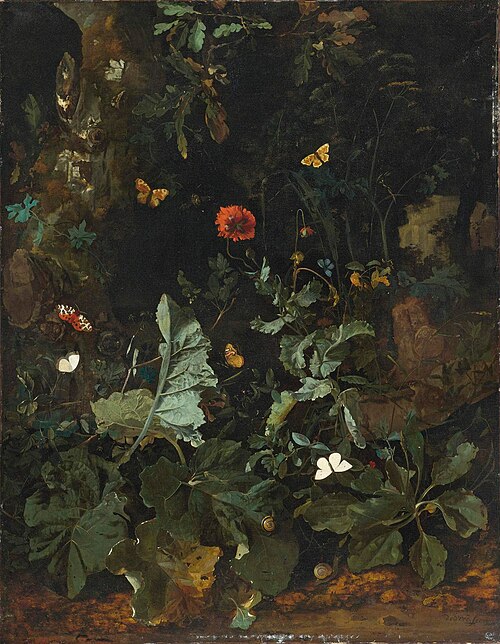 Forest floor stil life with plants, flowers and butterflies, 1700, Nicolaes de Vree