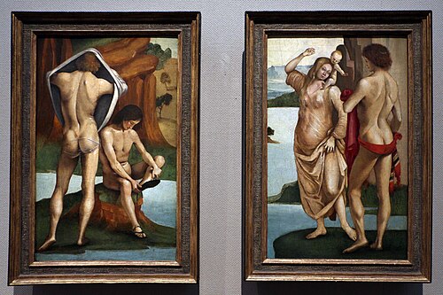 Figures in a Landscape, Two Nude Youths (left), Man, Woman and Child (right), 1490, Luca Signorelli