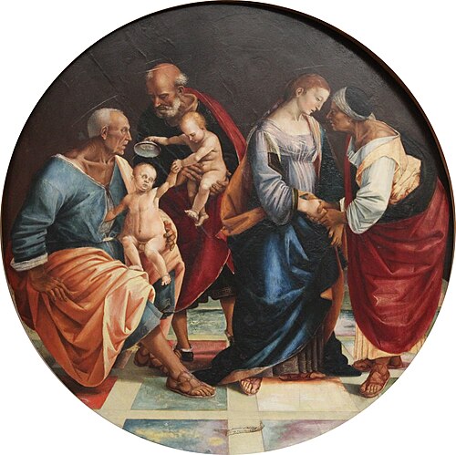 Holy family with saints Zachary, Elizabeth and little John, 1510, Luca Signorelli