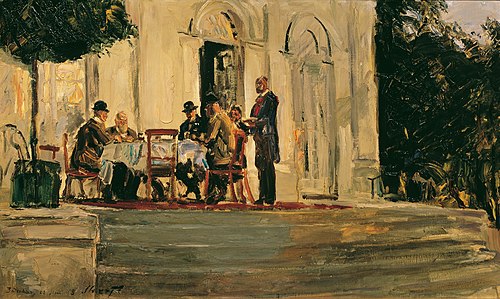 Souper auf der Terrasse der Badenburg im Nymphenburger Schloßpark, 1908, Max Slevogt