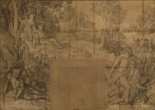 Angelika schneidet ihren und Medoros Namen in einen Lorbeerbaum - Rolands Schwermut und Raserei, 1825, Julius Schnorr von Carolsfeld