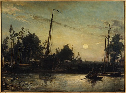 Bateau en construction en bord de canal, Paysage hollandais, 1857, Johan Barthold Jongkind