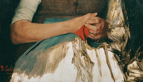Zwei Hände mit rotem Tuch auf blauer Schürze, 1890, Wilhelm Leibl