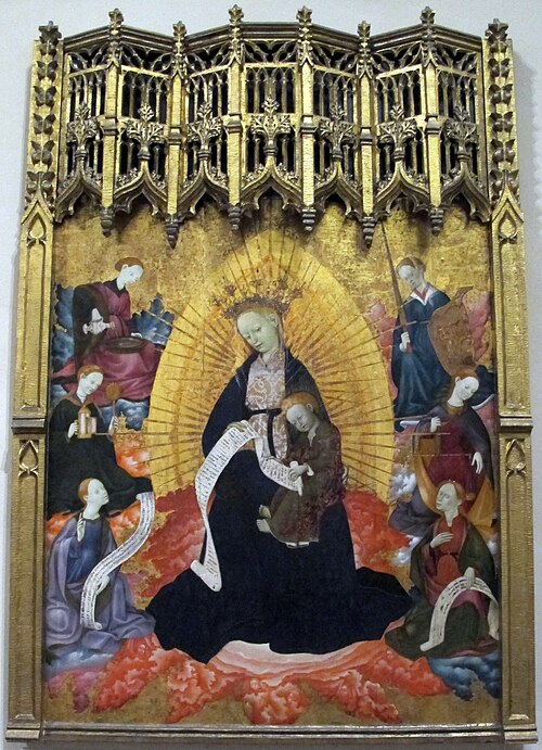 Enthroned Virgin and Child, with the Cardinal Virtues and Two Figures Holding Scrolls, 1491, Bernat Martorell