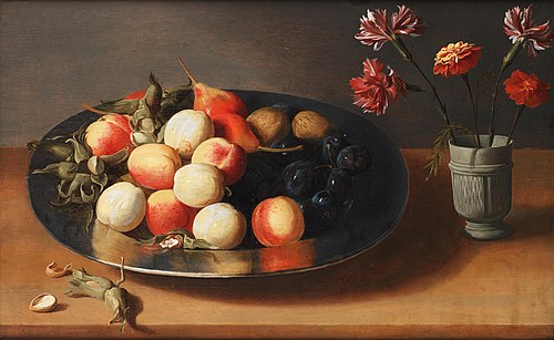 Peaches, pears, nuts and a vase of carnations on a table top, 1650, Jacob van Es