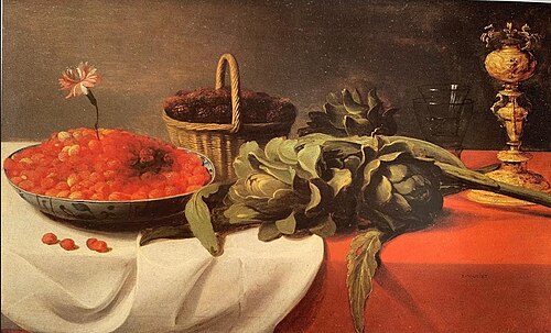 Still life with fruit, artichokes, and a columbine cup, 1650, Jacob van Es