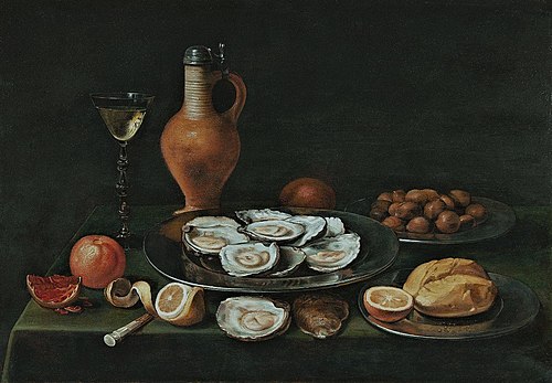 Still life with oysters, a jug and a wine glass, 1650, Jacob van Es