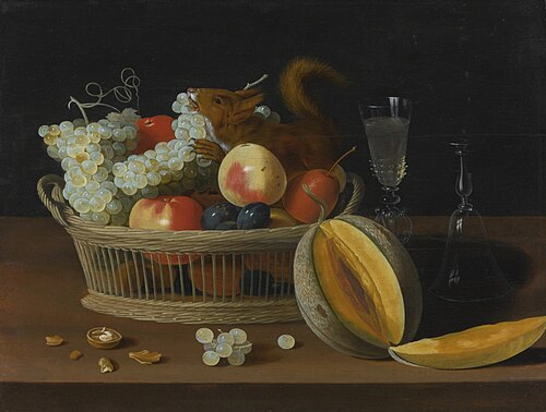 Still life with a basket of fruit and a squirrel, glasses, and a cut melon on a tabletop, 1650, Jacob van Es