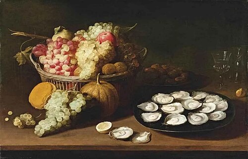 Oysters on a pewter platter with grapes and walnuts in a wicker-basket, on a wooden table, 1650, Jacob van Es
