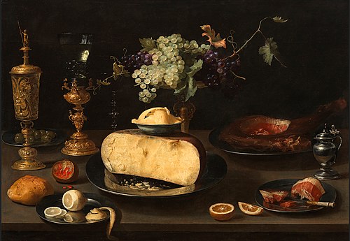 Still life with cheese and other foods on a table, 1630, Jacob van Es
