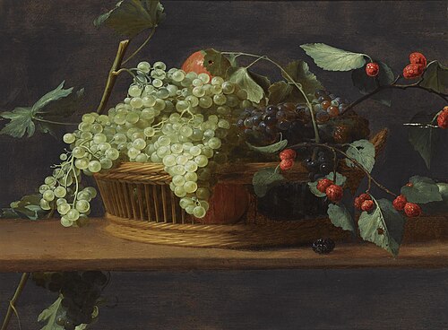 Still life of grapes and blackberries in a basket, 1641, Jacob van Es