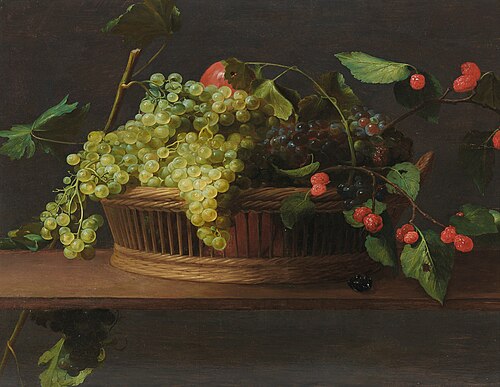 A basket of grapes and raspberries on a ledge, 1650, Jacob van Es