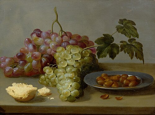 Still life with grapes and hazel nuts on a table, 1650, Jacob van Es