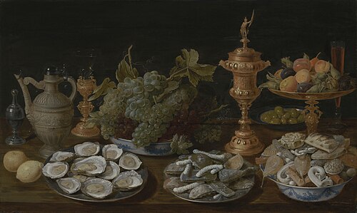 Nature morte aux huîtres, fruits, gâteaux et récipients décoratifs, 1619, Jacob van Es