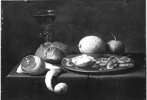 Stilleven van bord met brood en garnalen, brood, wijnglas en citrusvruchten, 1631, Jacob van Es