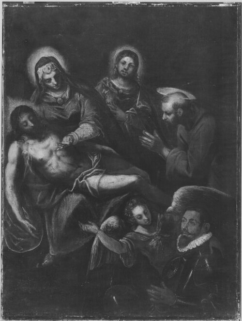 Beweinung Christi mit den hll. Johannes, Franziskus und einem Stifter (Werkstatt), 1597, Domenico Tintoretto