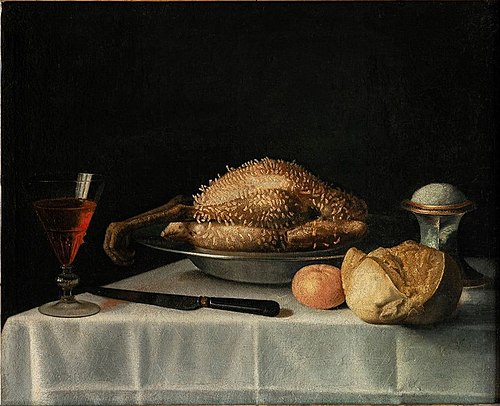 Nature morte à la volaille lardée, salière et verre de vin, 1637, Sébastien Stoskopff