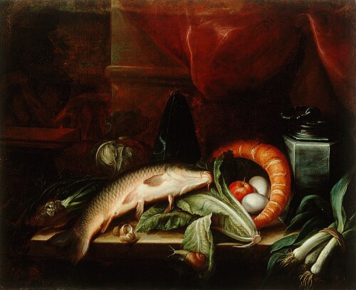 Krap, zelenjava in kositrna posoda, 1650, Sébastien Stoskopff