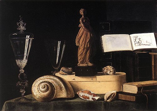 Statuette, Livres, Boîte de copeaux et Coquillages, 1637, Sébastien Stoskopff