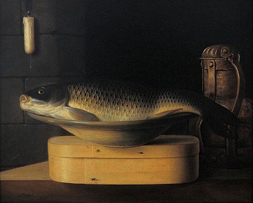 Carpe sur une boîte à copeaux, 1635, Sébastien Stoskopff